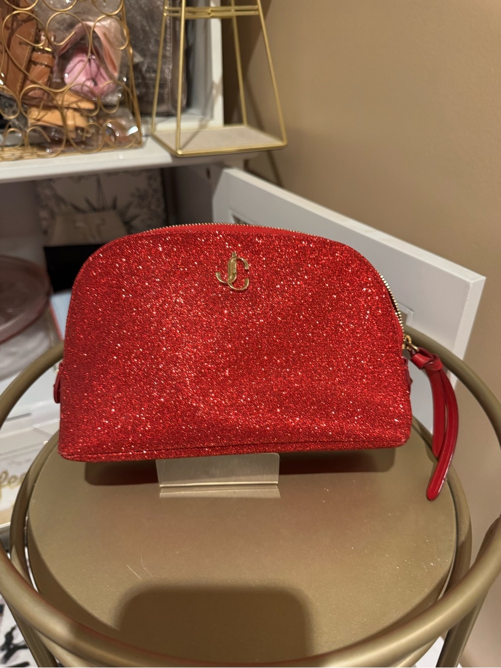 Jimmy Choo Red Glitter Dome Cosmetic Pouch with Gold Emblem